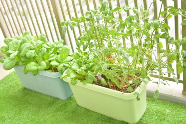 ベランダ人工芝にある椅子とテーブル