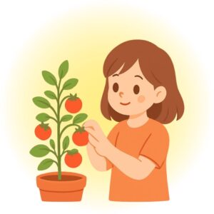 鉢植えのミニトマトを収穫する女の子のイラスト