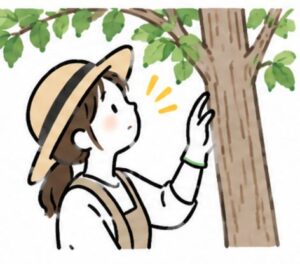 木を見て何かに気付いた女性のイラスト