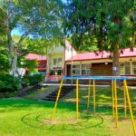 学校、校庭、芝生