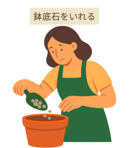 花植えの手順　鉢底石をいれる