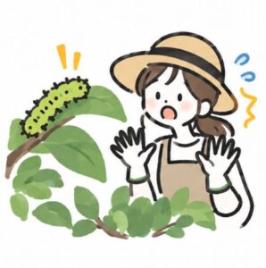 毛虫を発見して驚く女性のイラスト