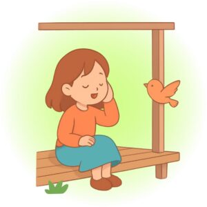 縁側で座っている女の子のイラスト