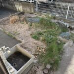 伐採、芝はがし、砂利敷き、防草シート張りの作業写真