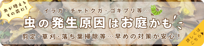 虫の発生原因はお庭かも！剪定・草刈・落葉掃除等…早目の対策が安心！