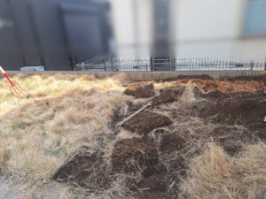 芝はがし、整地、抜根、防草シート張りの様子