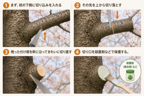 桜の太い枝を切るポイント
