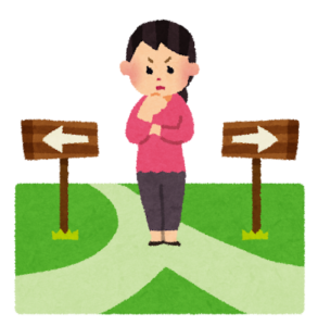 分かれ道で迷う人のイラスト(女性)
